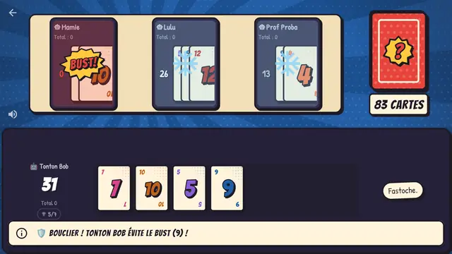 Push or Bust : une partie en cours, une explosion « SPLAT ! » et les répliques des bots.