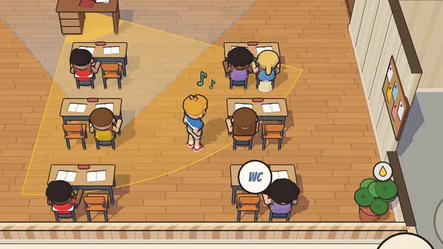 Silent Leak: the kid sneaks through a classroom under the teacher's gaze.